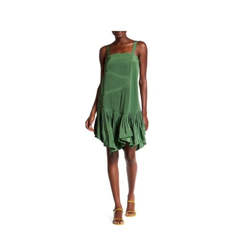 Tibi Preppy Pleated Fit Sheath Midi Dress Green Sz 2 Spaghetti Strap Square Neck